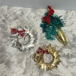 Very Old Retro Festive Silver and Gold Wreath Ornaments